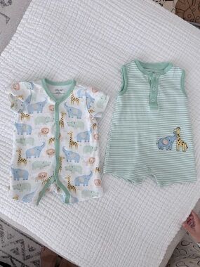 Little Me Mint Green and White Safari Print Baby One-Piece Rompers